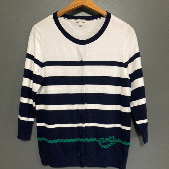 Talbots Women Cardigan Sweater Size M Nautical Striped Blue White Classic Knot - Picture 1 of 7